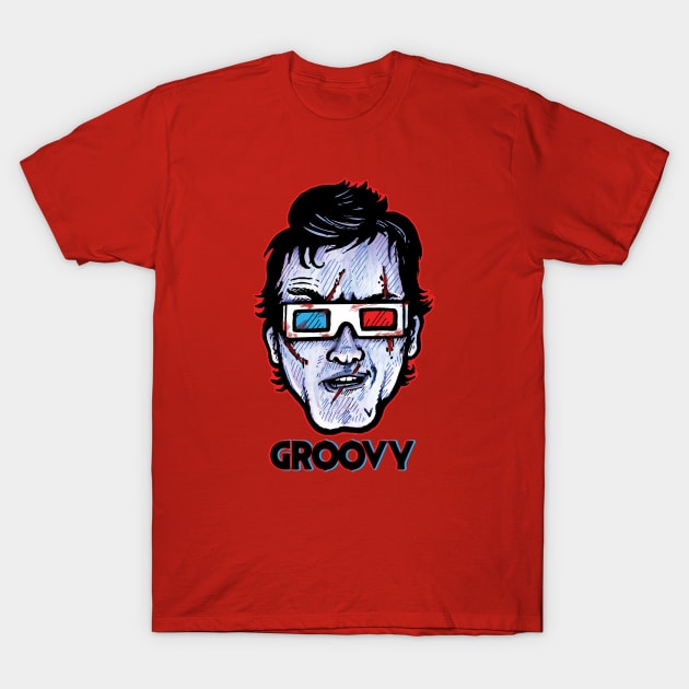 Groovy 3D... Evil Dead Ash Williams Wearing 3D Glasses T-Shirt by BradAlbright